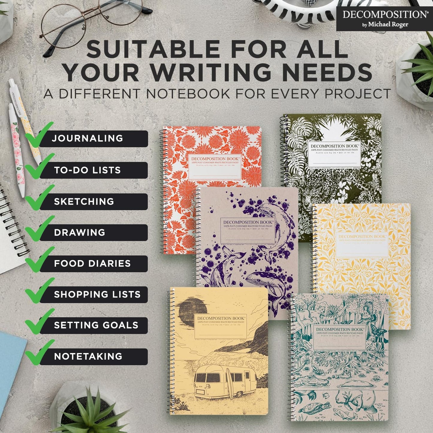 Decomposition 3-Pack Floral College Ruled Spiral Notebook - 9.75 x 7.5 Journal, 160 Lined Pages - 100% Recycled Paper - Notebooks for School Supplies, Home & Office - Made in USA