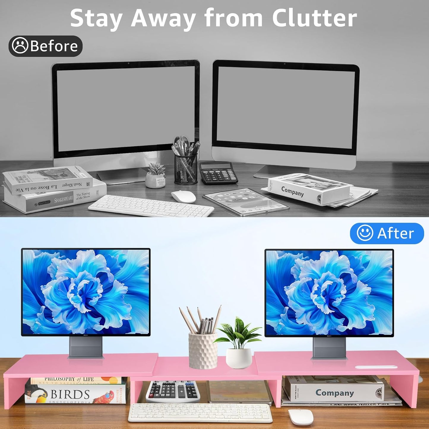 Dual Monitor Stand Riser for 2 Monitors, Monitor Stand for Desk, Adjustable Length & Swivel Angle Wooden Desktop Organizer Stand Riser with Smartphone Holder for PC Monitor Laptop, Pink