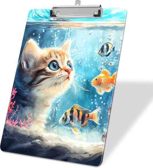 Cat Watching Fish Plastic Clipboards,Decorative Plastic Acrylic Clipboard for Teacher Social Worker Students Office Supplies 8 * 12