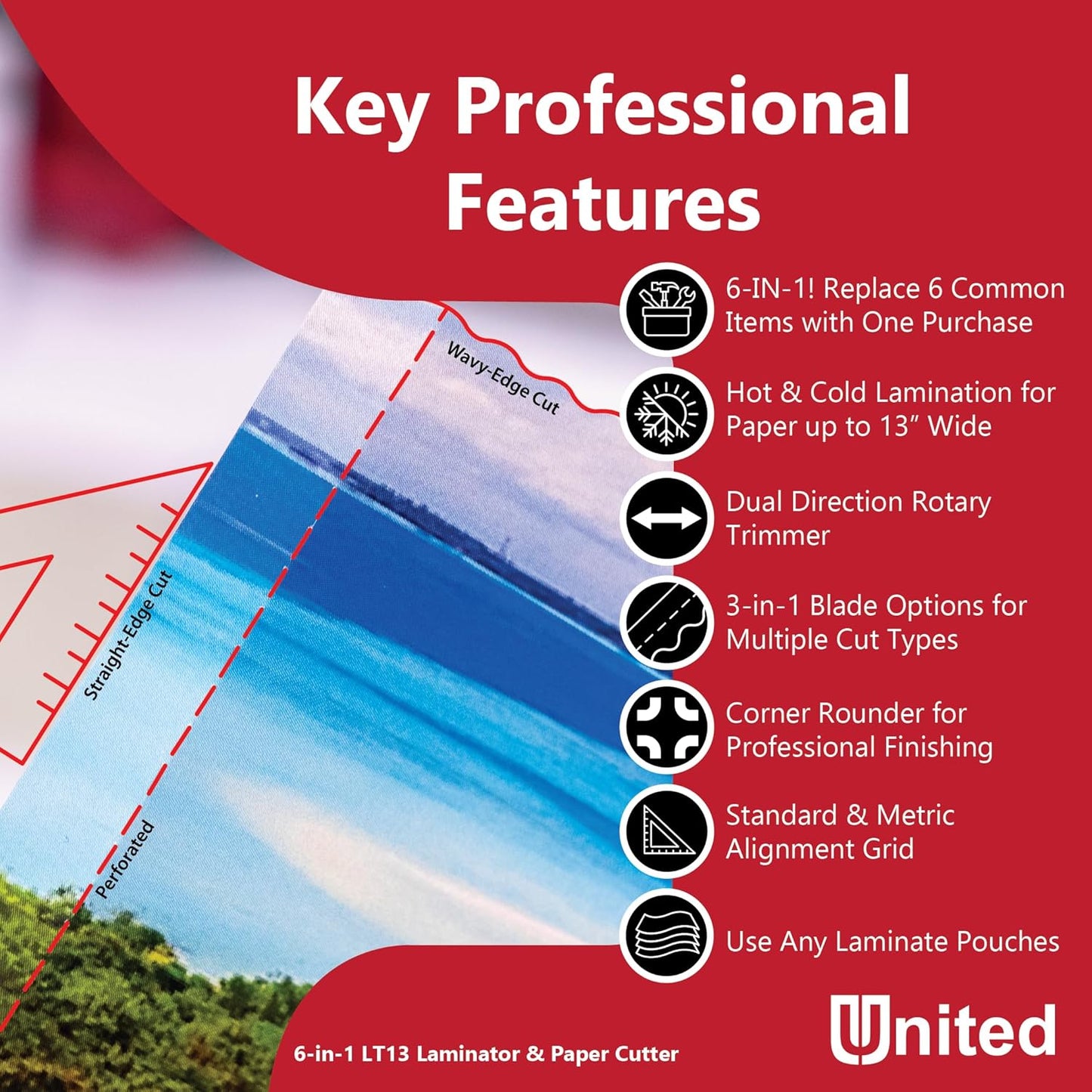 United Office Products LT13 6-in-1 Thermal & Cold Laminator with Paper Trimmer and Corner Rounder, 13” Width, Laminating Machine for Home, Office and Schools