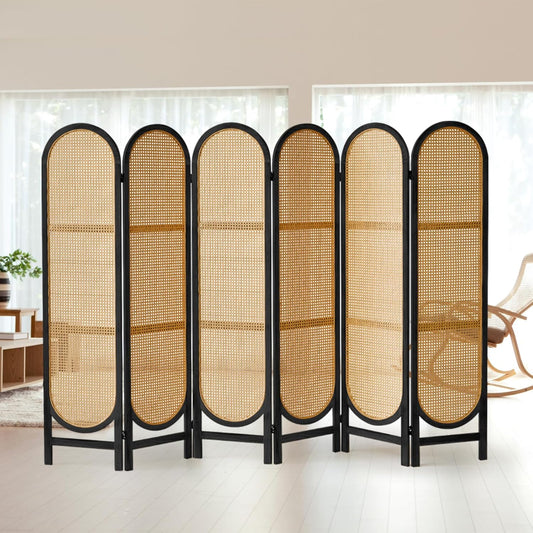 6 Panels Room Dividers and Hand-Woven Rattan Room Divider Wall, Wood Room Divider Folding Privacy Screens for Home Office Bedroom, Black
