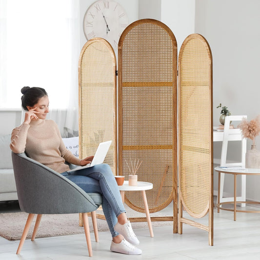 5.9 Ft Tall 3 Panel Room Divider Screen, Foldable Wooden Room Divider Panel, Folding Privacy Screen Made of Hand-Woven Rattan, Portable Wall Divider for Room Separation HomeOffice - Natural
