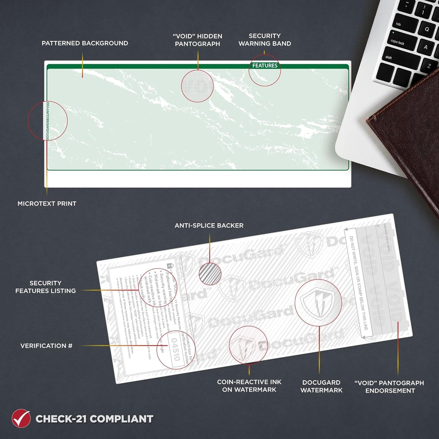 DocuGard Standard Green Marble Middle High Security Check Paper - QuickBooks & Laser/Inkjet Printer Compatible - 11 Security Features - 500 Blank Business Checks (04510)