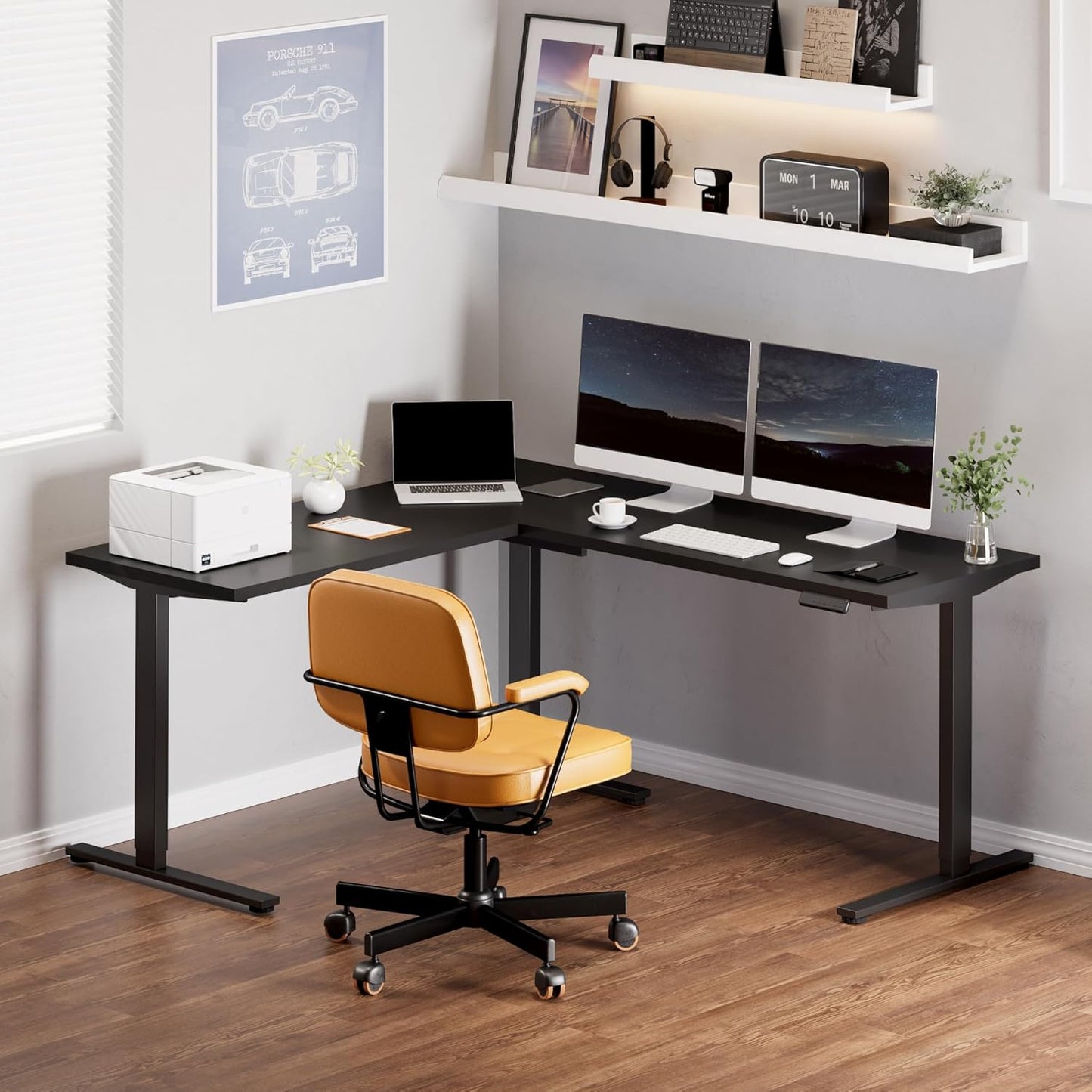 FLEXISPOT L Shaped Standing Desk, 71 x 63 Inch Electric Height Adjustable Corner Desk, Sit Stand Computer Workstation, Preset Controller, Home Office, Black Frame with Black Top