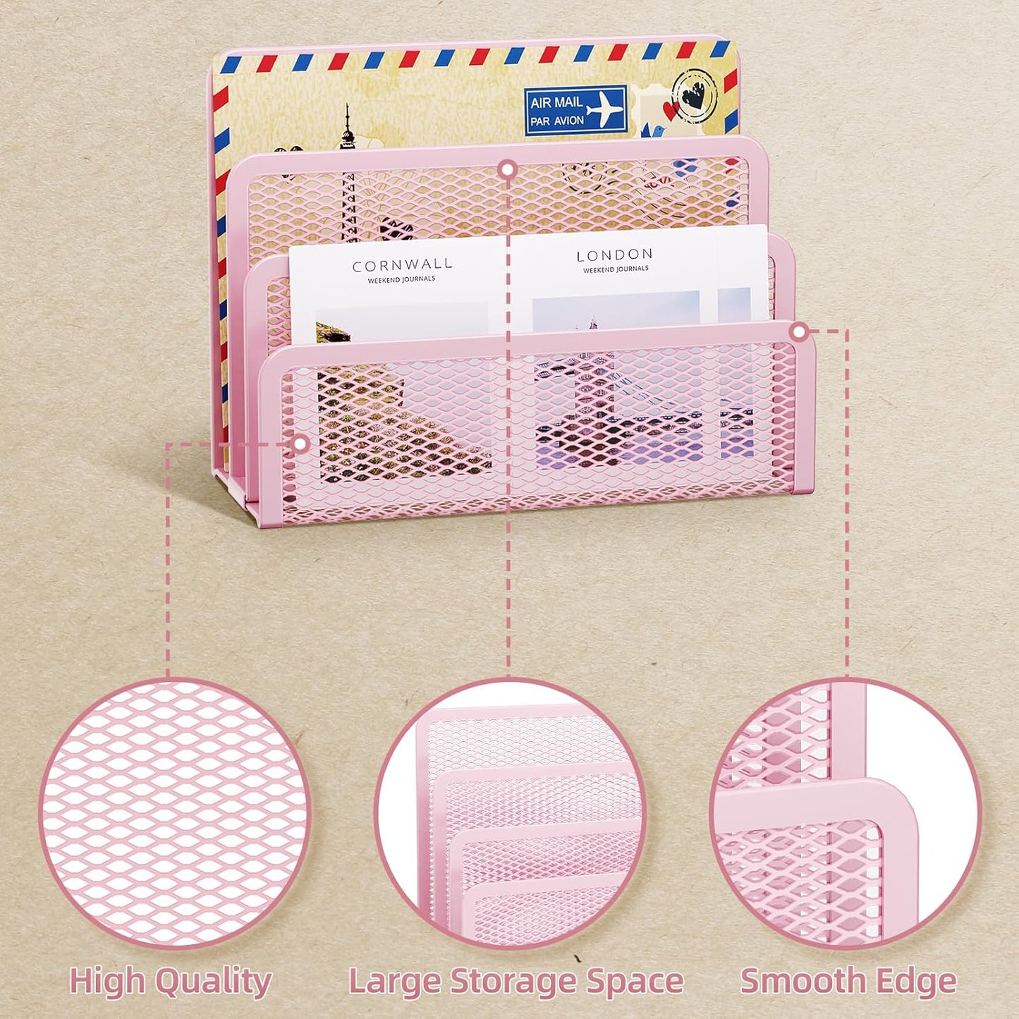 Marbrasse Mail Organizer for Desk, 3-Slot Mesh Metal Mail Holder countertop, Letter Holder, Office Desktop Envelope and Document Storage Rack (Pink)