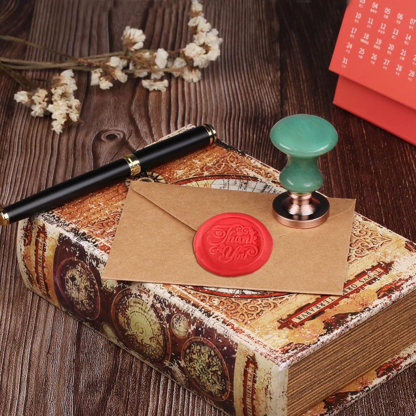 rockcloud Wax Seal Stamp Set, 4 Pieces Sealing Wax Stamps Copper Seals with 1 Green Aventurine Seal Handle for Cards Envelopes Invitation Decoration, Love Expressiont