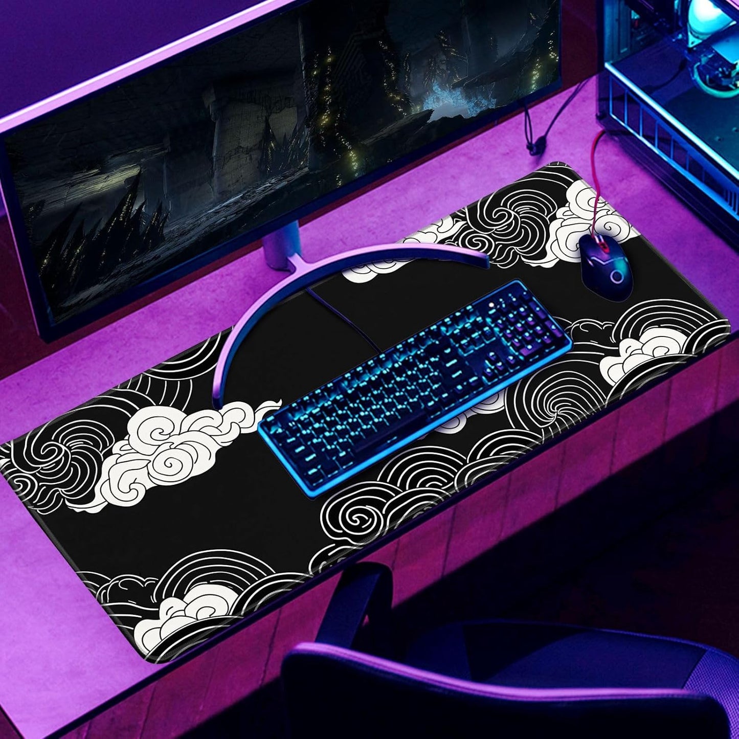Black and White Mouse Pad Japanese Clouds Mouse Pad XL Anime Big Mouse Pads for Desk Large Gaming Large Mouse Pad for Men Desk Pad with Stitched Edges Non-Slip Large Computer Mat, 31.5x11.8 in