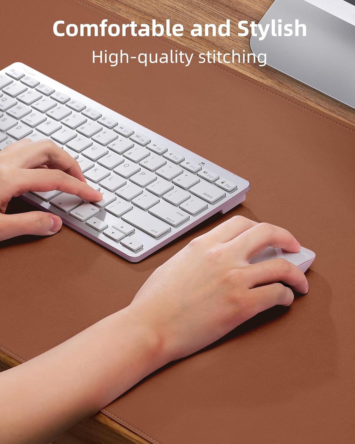 Large Desk Mouse Pad Protector, Stitched Locking Edge Non-Slip PU Leather Desk Mat Laptop Table Pad Blotter, Waterproof Durable Writing Pad for Office and Home (Brown, 90 x 43cm)