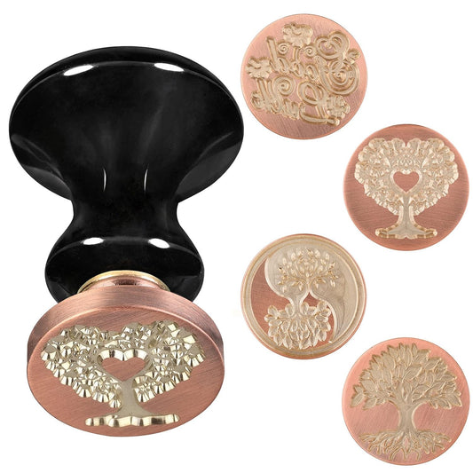 rockcloud Wax Seal Stamp Set, 4 Pieces Sealing Wax Stamps Copper Seals with 1 Black Obsidian Seal Handle for Cards Envelopes Invitation Decoration, Tree of Life