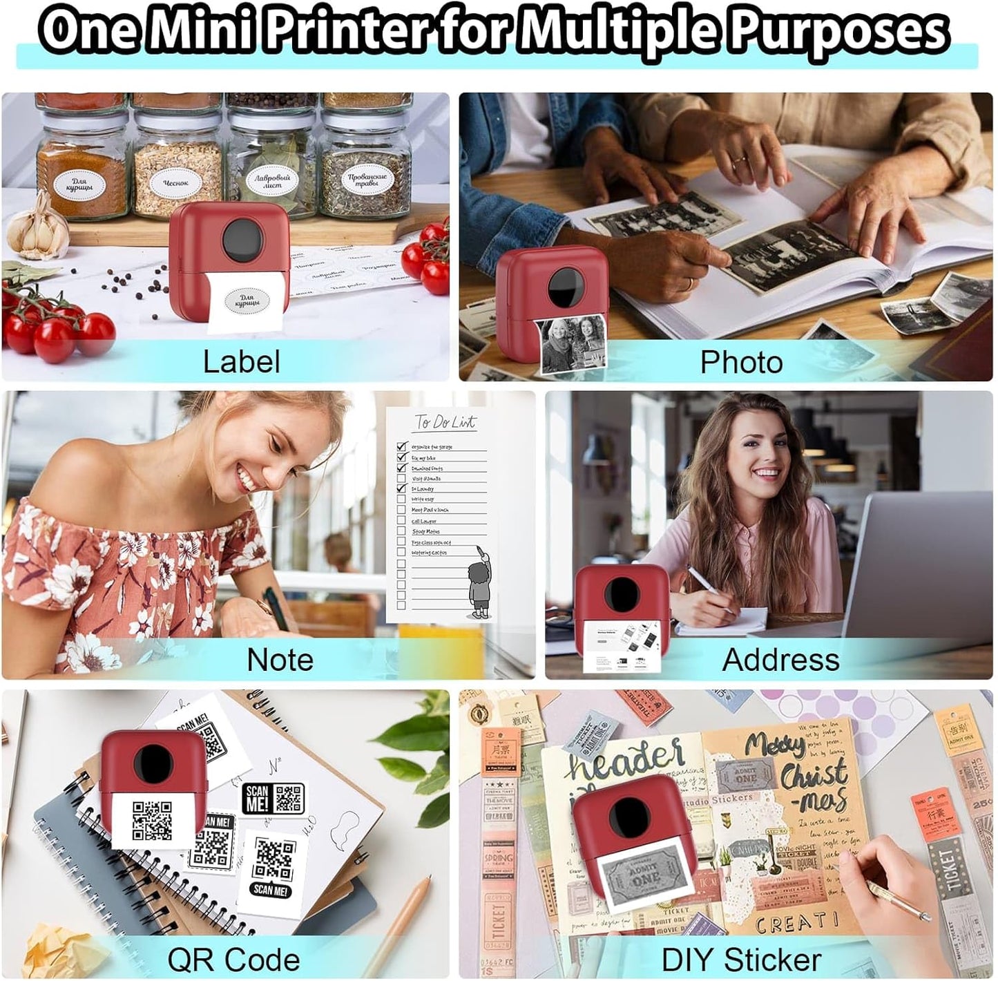 HuiJuKeJi Mini Sticker Printer Bluetooth Smart Pocket Inkless Thermal Printer with 11 Rolls Thermal Paper and Sticker for iOS&Android, Portable Receipt Printer for Photo Note Memo (Brown red)