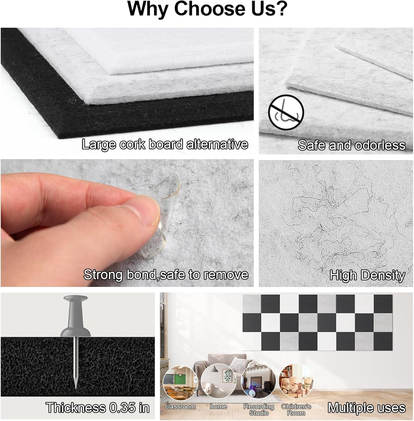 Large Cork Board for Walls 47" x 35" 12 Pack Black Bulletin Boards Felt Wall Tiles with Safe Removable Adhesive Corkboards for Office Home,Grey