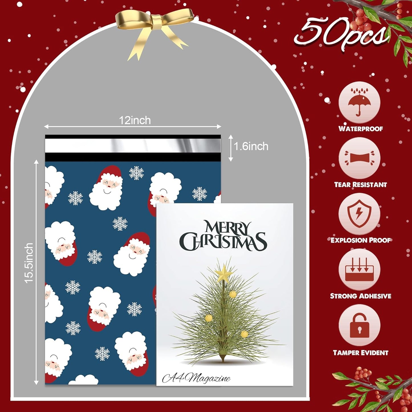 Christmas Poly Mailer - 12x15.5 Inch, 50 Pcs Waterproof Shipping Bags for Clothing, Tear-Resistant, Strong Mailing Bags with Self-Seal - Santa Claus and Snowflakes Printed