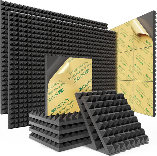 Sonicism Sound Proof Foam Panels for Walls Self-Adhesive Pyramid 48 Pack,12" X 12" X 1"Soundproof Wall Panels,35kg/m³High DensityAcoustic Panels Fast Expand,Sound Absorption and Decoration(Black)