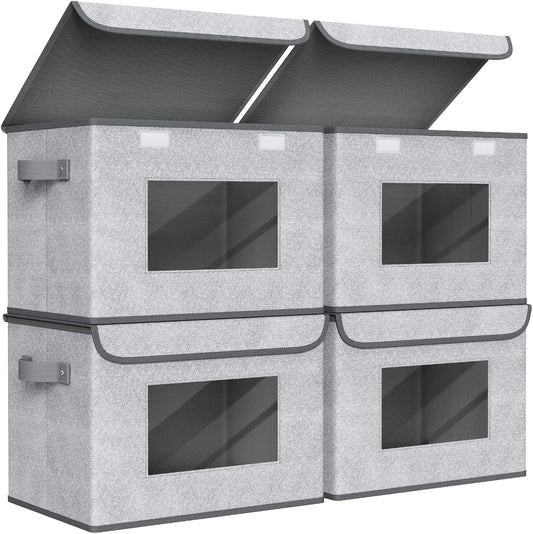 Univivi Fabric Foldable Storage Boxes [4-Pack] Large Collapsible Stackable Storage Bins with Lids, Closet Organizers and Storage Cube Basket for Home, Office, Bedroom (Gray, 17“ x 12” x 12")