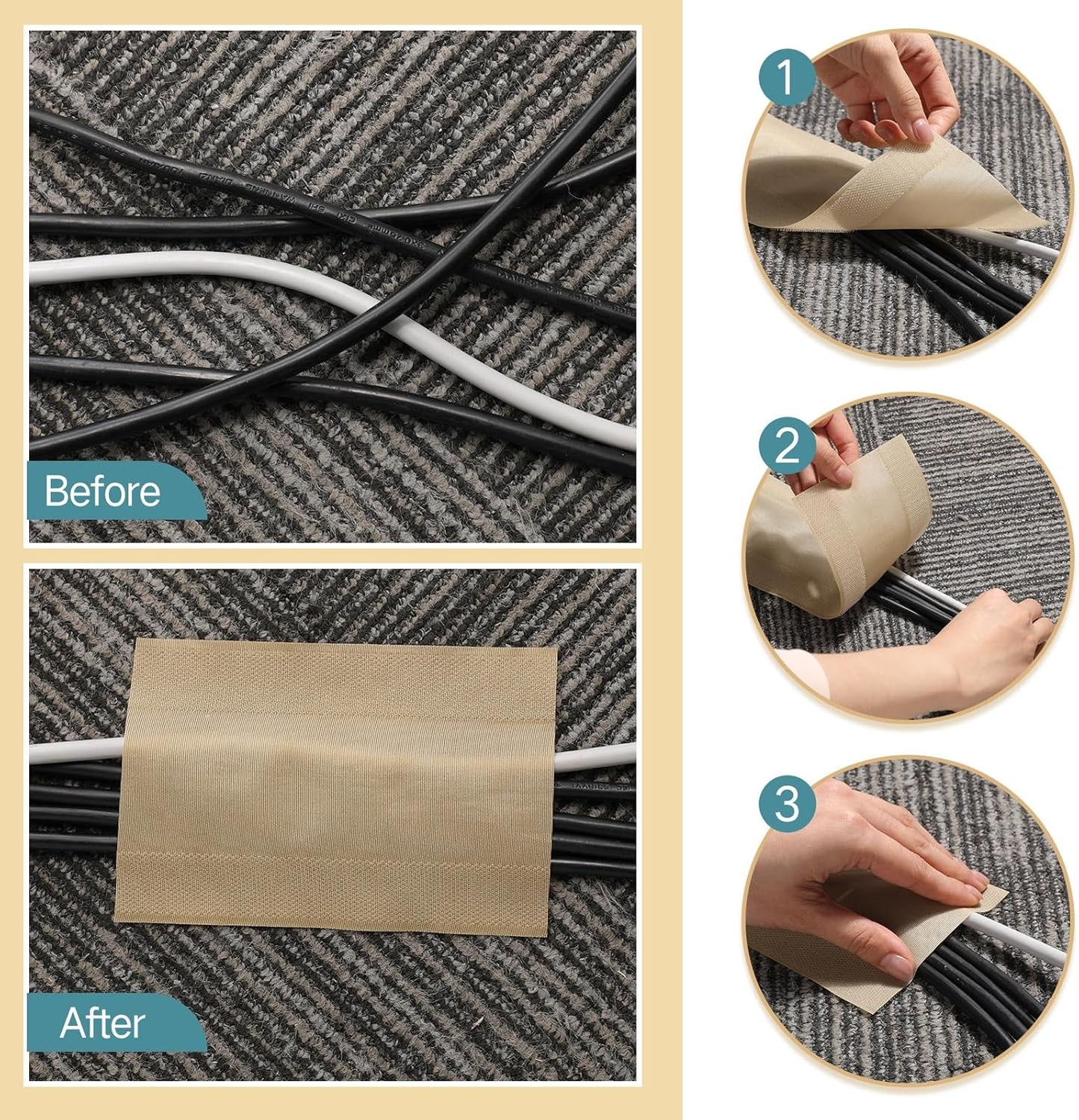 WILLBOND Grip Floor Cable Cover Cords Protector Management Only for Commercial Office Carpet(98.43 ft,Khaki)