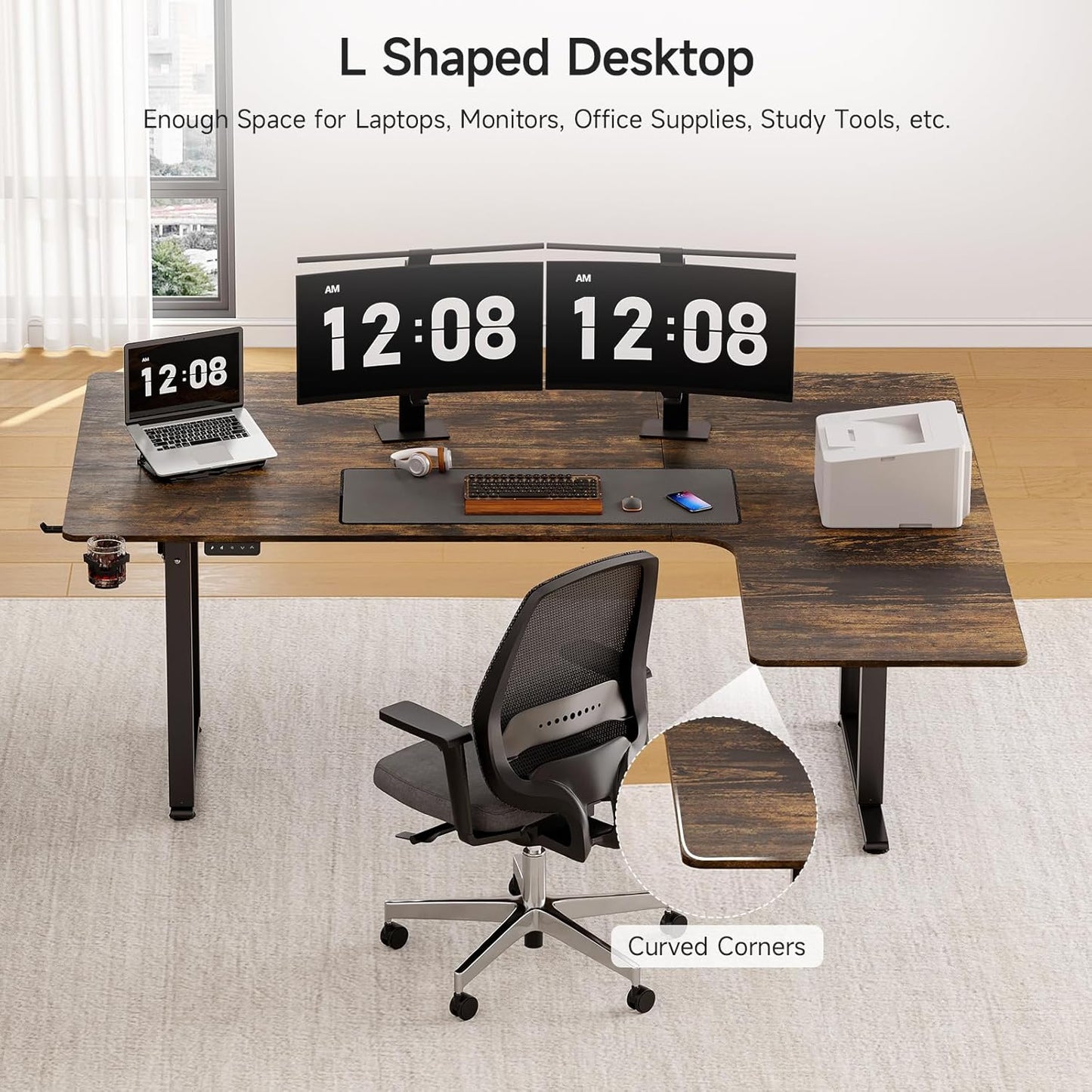 L Shaped Standing Desk, 71x43 Inches Electric L Stand Up Desk with 4 Legs, Dual Motor and Memory Controller, Adjustable Height from 28-46 Inches for Home and Computer Workstation, Rustic Brown