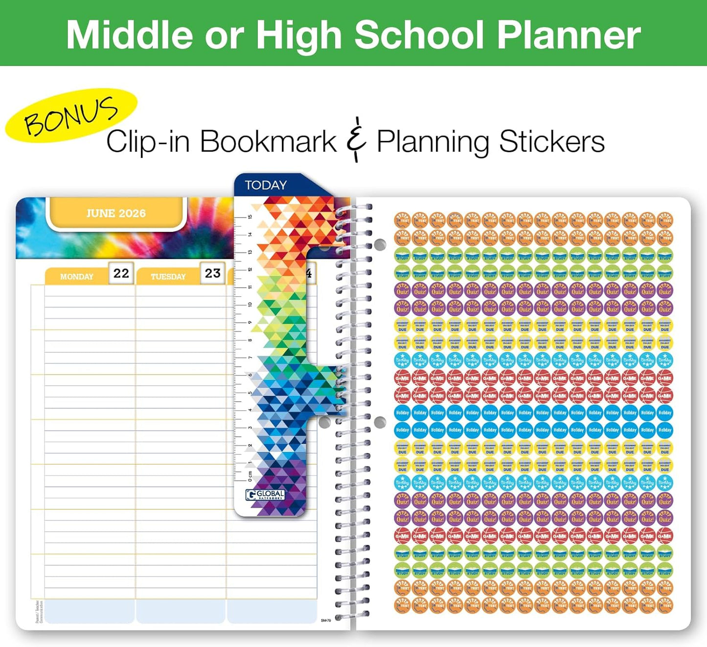 Global Datebooks Dated Middle School or High School Student Planner for Academic Year 2025-2026 Includes Ruler/Bookmark and Planning Stickers (Matrix Style - 7"x9" - Halftone Blue)