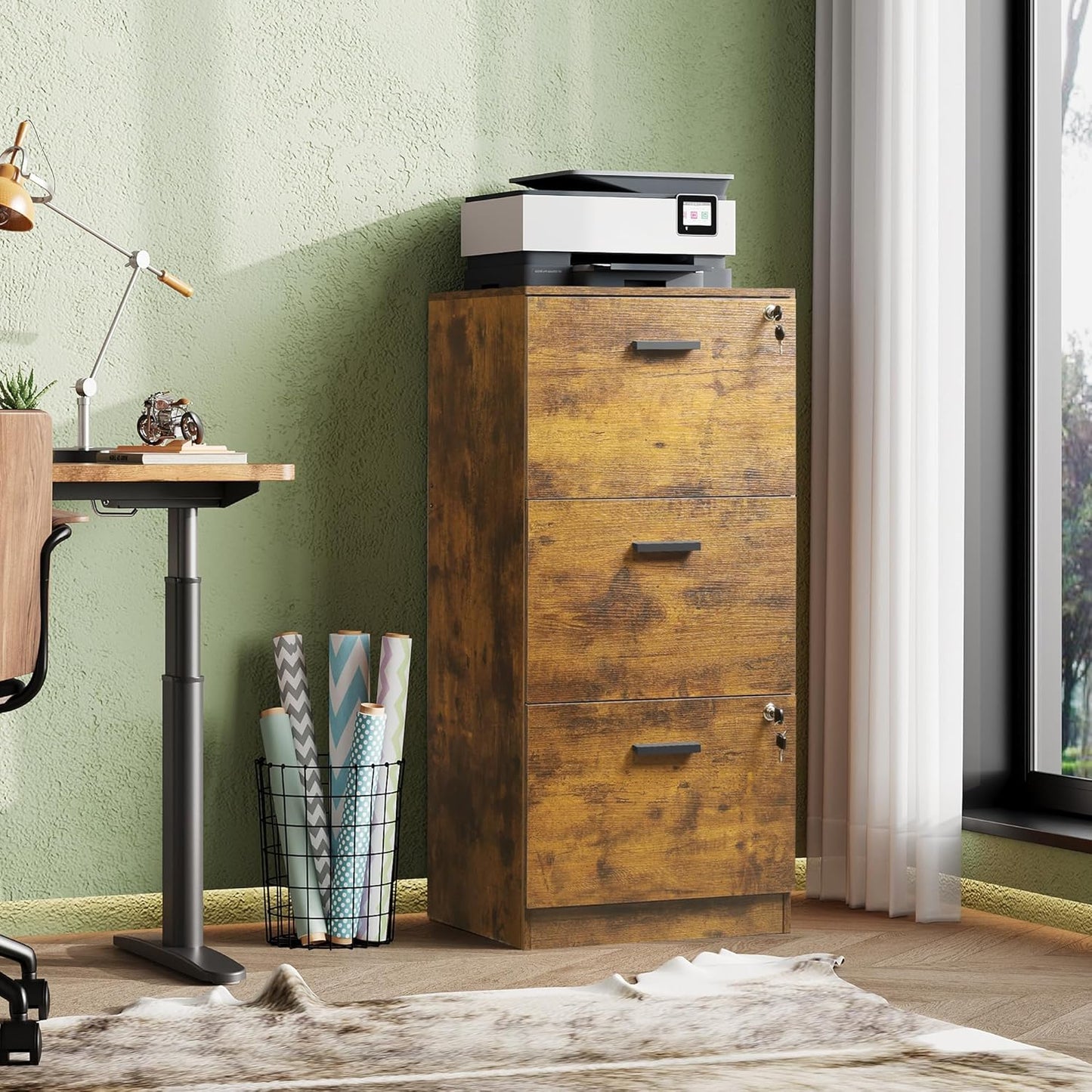 DEVAISE 3 Drawer File Cabinet with Lock, Vertical Wood Filing Cabinet for Home Office, Printer Stand for Letter and A4 Size, Rustic Brown