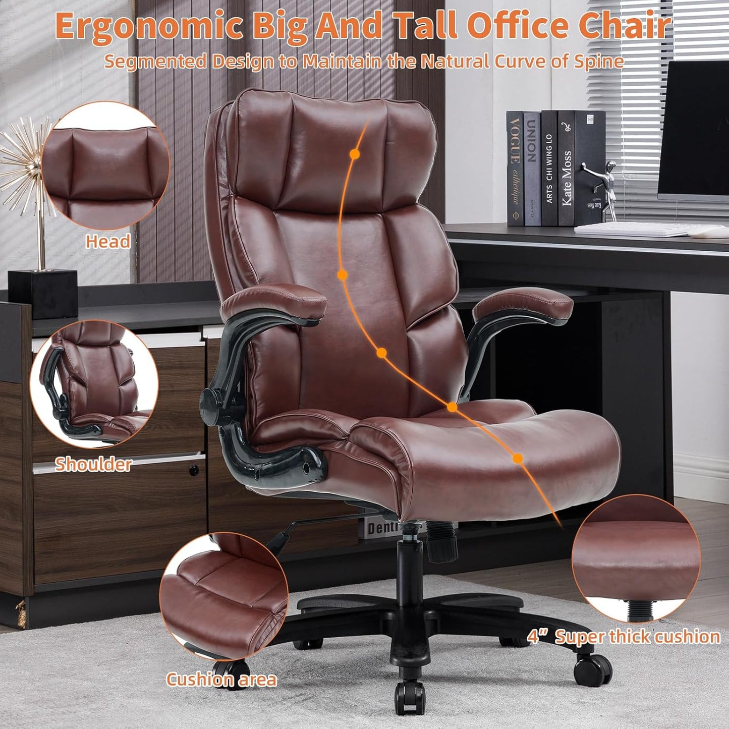 Big and Tall Office Chair 500lbs Wide Seat Executive Office Desk Chair High-Back Office Task Chair with Flip-Up Armrest, Ergonomic Lumbar Support Computer Office Chairs for Heavy People(Brown)