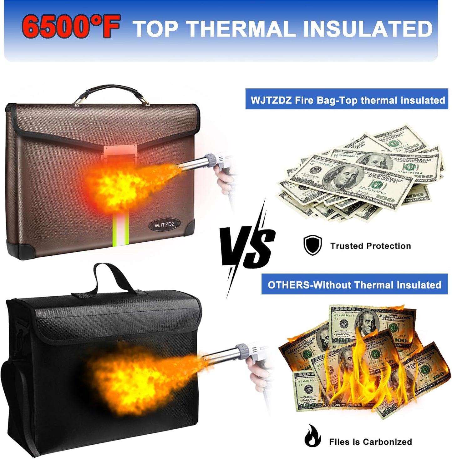 6500°F Fireproof Document Bag with Lock,Upgraded Large Capacity Fireproof/Waterproof Money Bag with Zipper/Reflective Strip,Storage Pouch for A4 Letter Size Document,Cash,Cell Phone,Passport