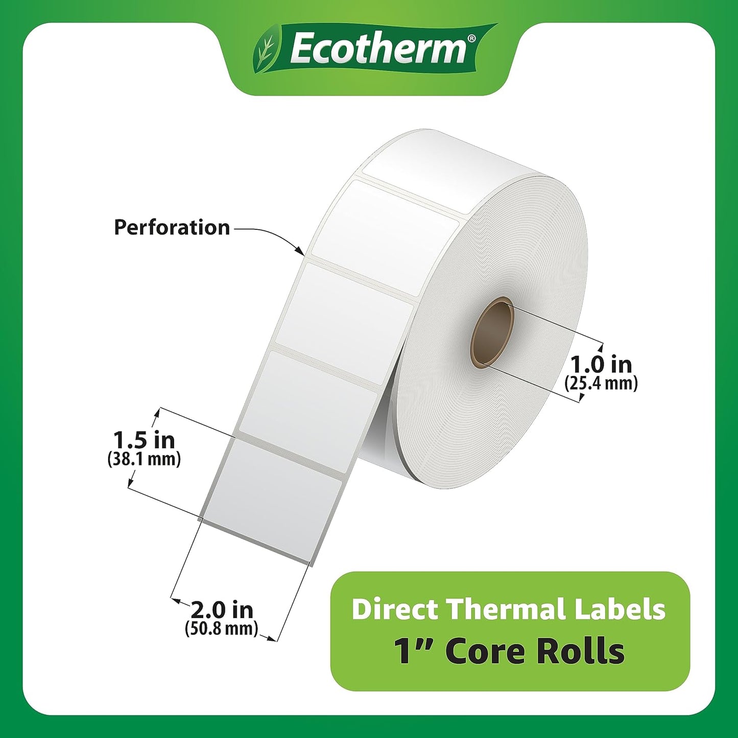 2" x 1.5" Thermal Labels | 4 Rolls | 5280 Labels | fits Zebra, Munbyn, Rollo, Godex, Arkscan, iDPRT, Offnova Thermal Label Printers and More | Blank White Adhesive Stickers by Ecotherm