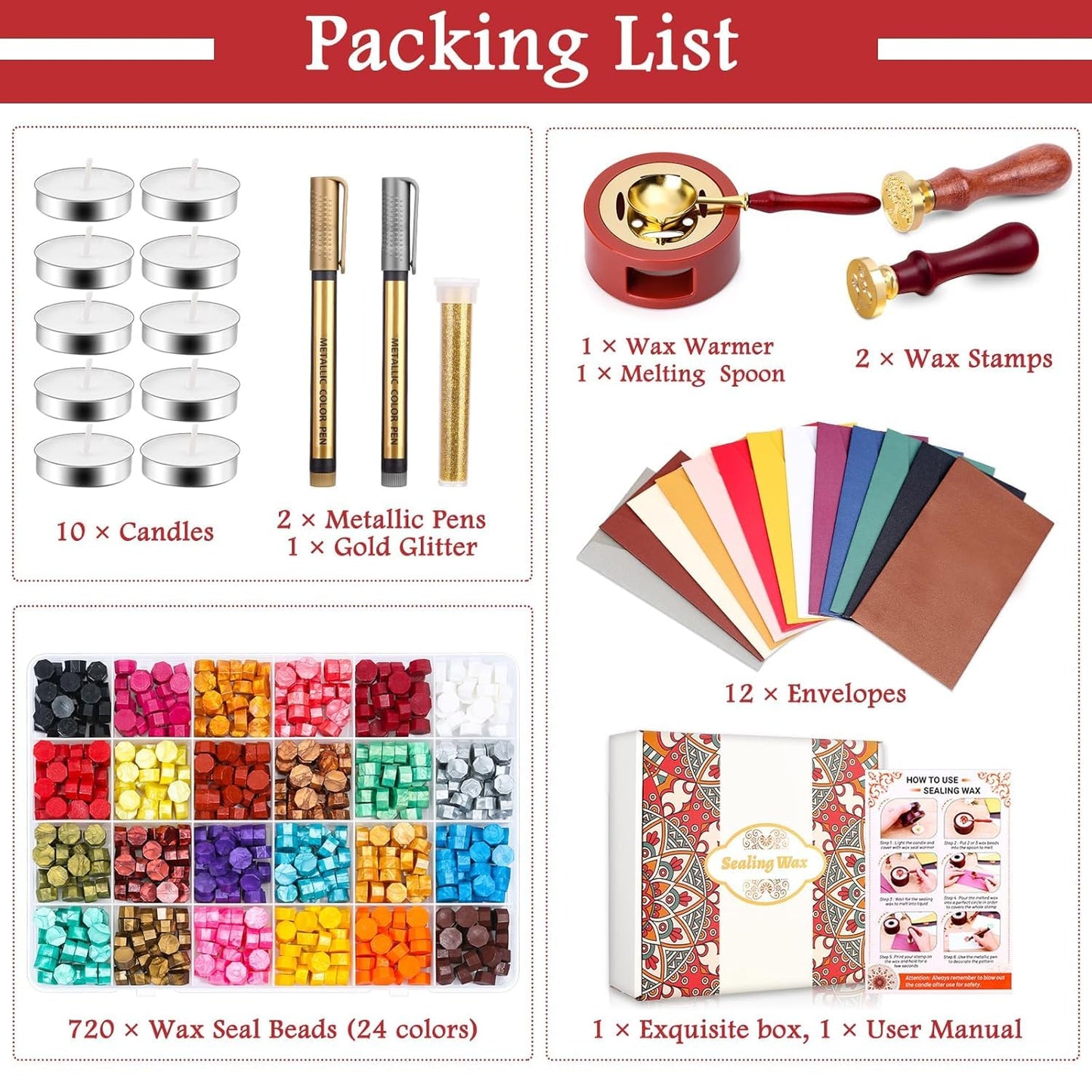 Paxcoo Sealing Wax Kit with Wax Seal Beads, Stamp, Warmer, Spoon, Envelopes for Letter Sealing