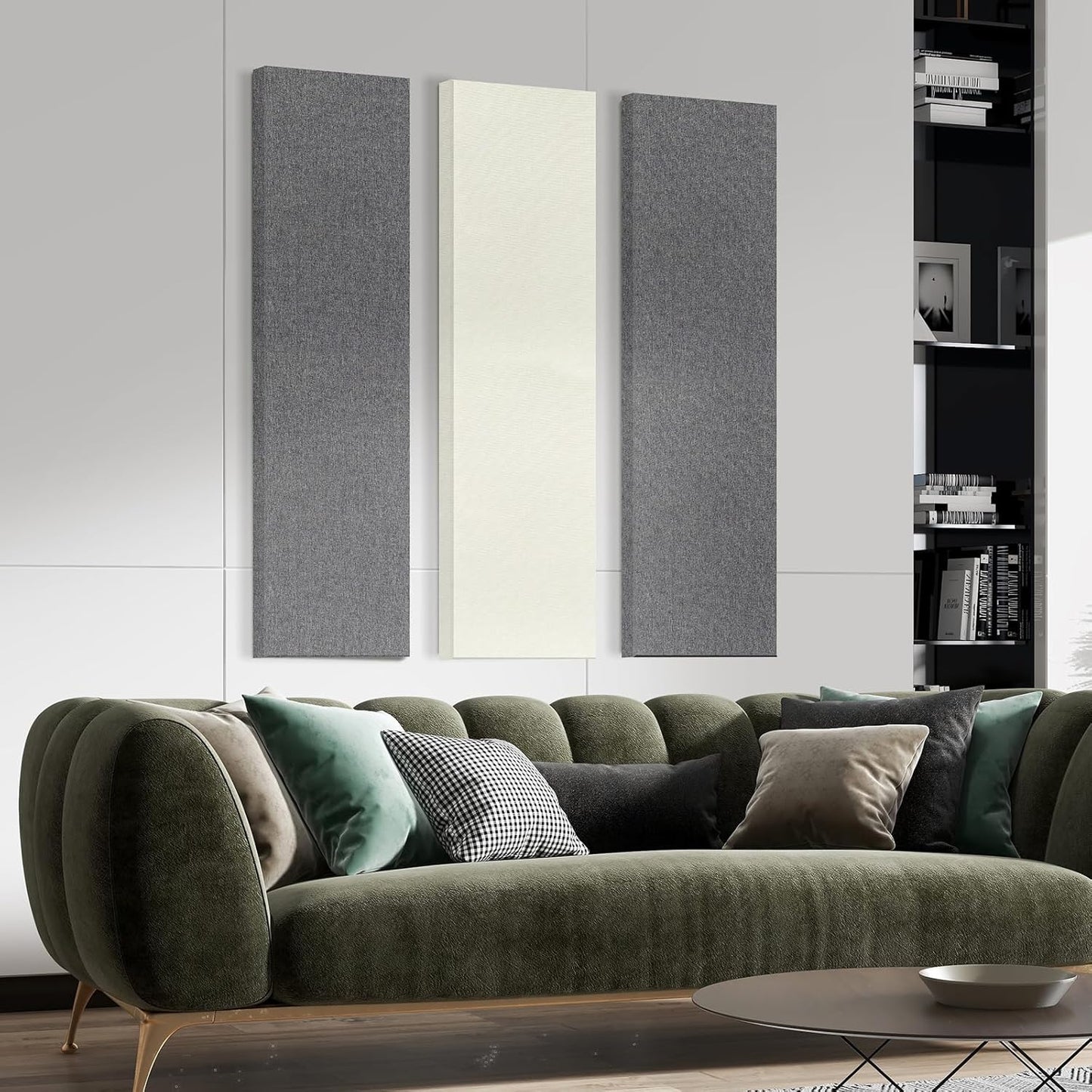 UMIACOUSTICS 2 PCS Fiberglass Acoustic Panels, 48x12x2 Inches Sound Absorbing Panels, Self-adhesive Sound Proof Panels for Studios, Office, Home Theater. (Off White)