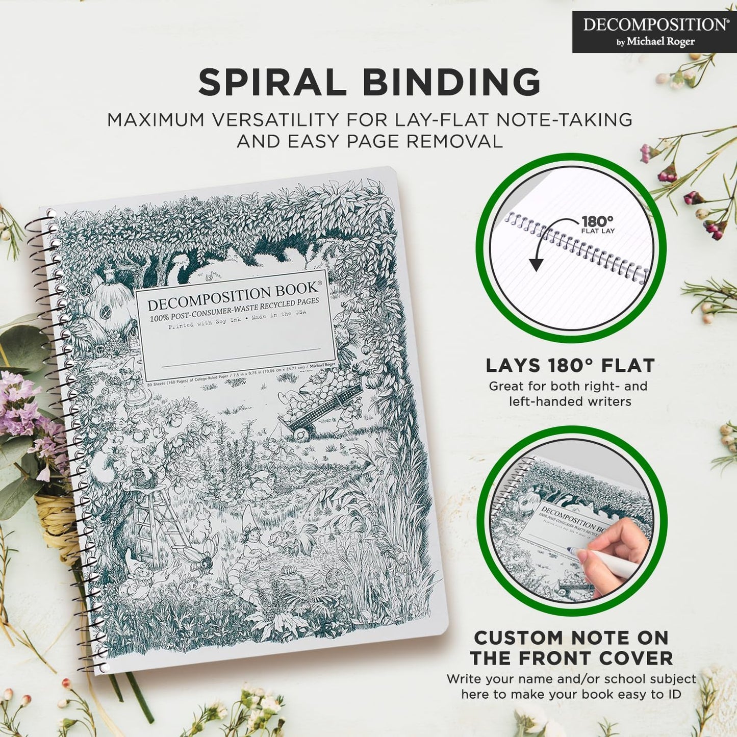 Decomposition Gardening Gnomes College Ruled Spiral Notebook - 9.75 x 7.5 Journal with 160 Lined Pages - 100% Recycled Paper - Cute Notebooks for School Supplies, Home & Office - Made in USA