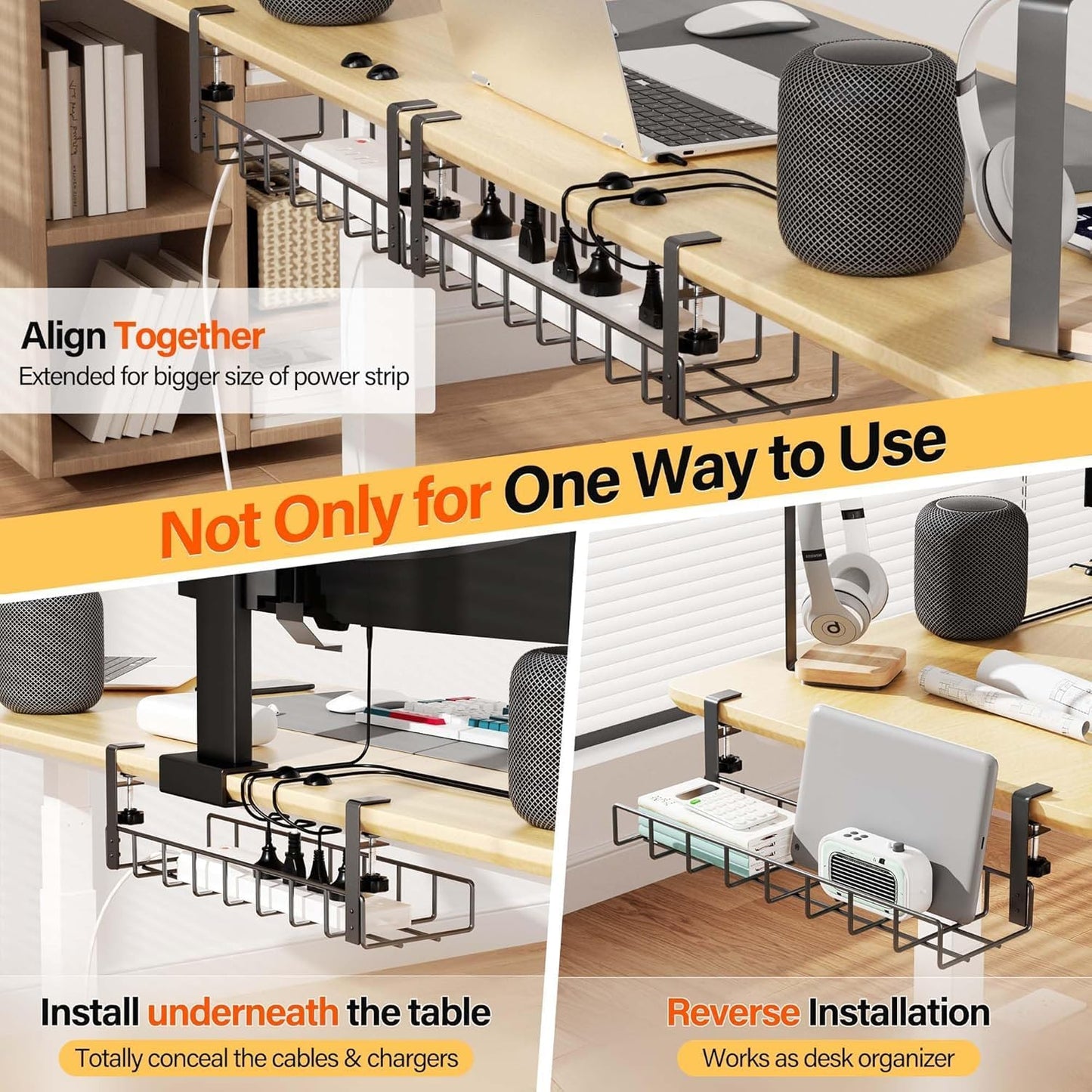 3 Pack Cable Management Under Desk Tray, 47.1" No Drill Under Desk Wire Management with Upgraded Clamp, Metal Cord Organizers with Cable Organizers, PC Cord Organization Rack, Black