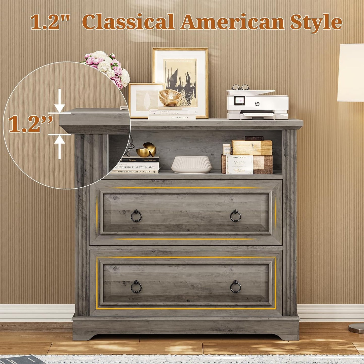 Itaar 2 Drawer File Cabinet, Farmhouse Filing Cabinet for Home Office Fits Letter, Legal, A4 Size, Wood Lateral File Cabinet with Printer Stand, Storage Shelf, Grey