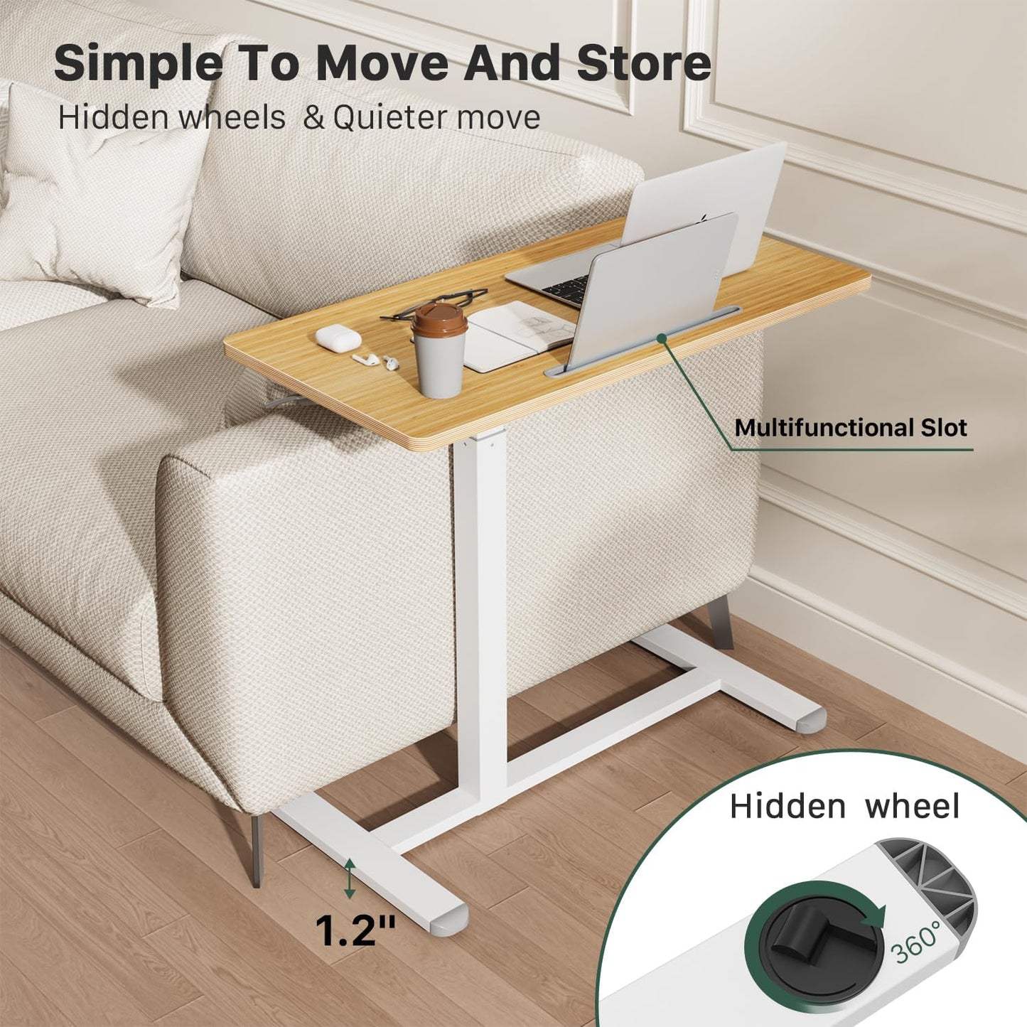 Mobile Standing Desk, Pneumatic Adjustable Rolling Desk(31.5 Inches), Portable Laptop Desk with Wheels, Overbed Bedside Table Laptop Table for Couch, Home, Office, Oak