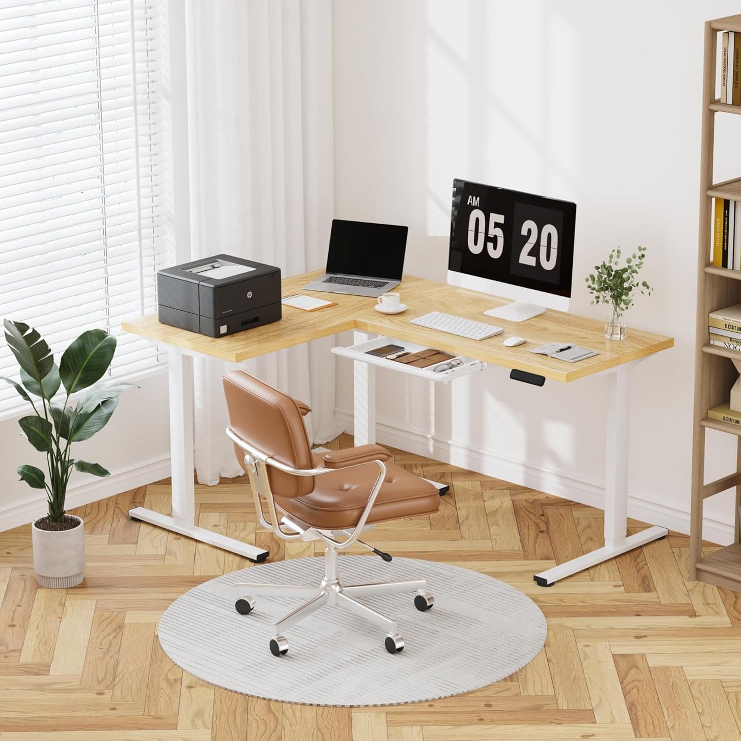 FLEXISPOT L Shaped Standing Desk, 63 x 47 Inch Electric Height Adjustable Corner Desk, Sit Stand Computer Workstation, Preset Controller, Home Office, White Frame with Maple Top, White Drawer