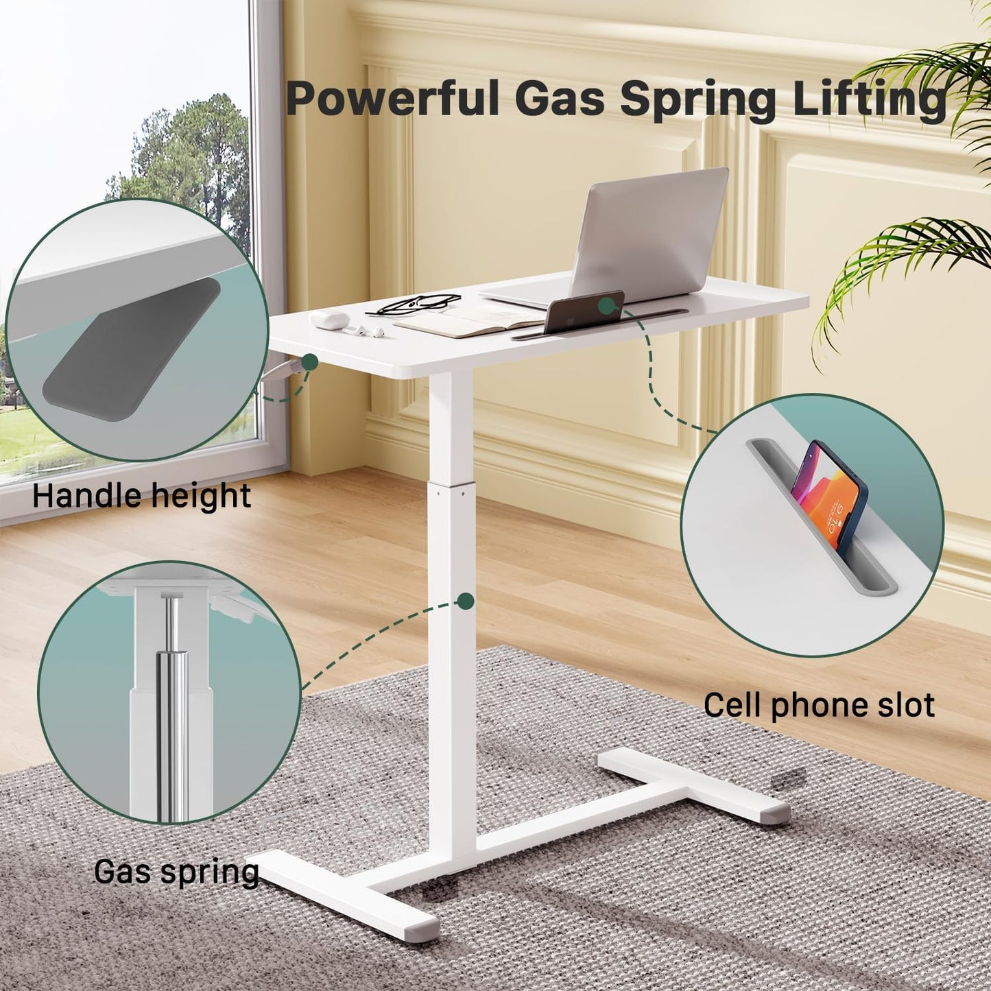 Mobile Standing Desk, Pneumatic Adjustable Rolling Desk(31.5 Inches), Portable Laptop Desk with Wheels, Overbed Bedside Table Laptop Table for Couch, Home, Office, White