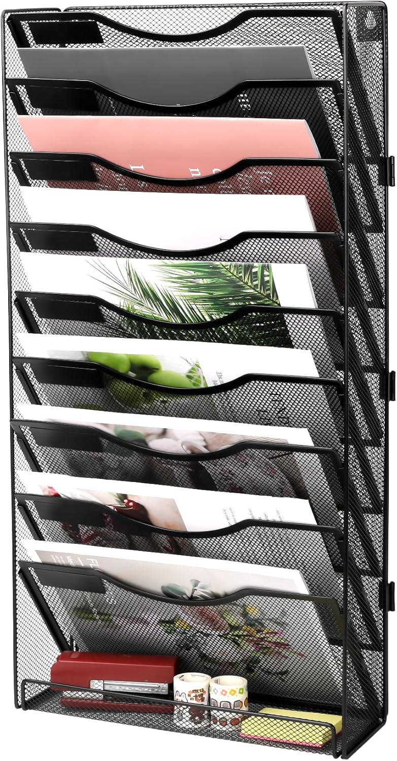 EasyPAG 10 Tier Wall File Holder with Flat Tray, Black | Easy Assemble Mesh Desk File Organizer | 9-Folder Paper Storage | Replaceable Classify Labels | Space Saving Mail Organizer for Office Home