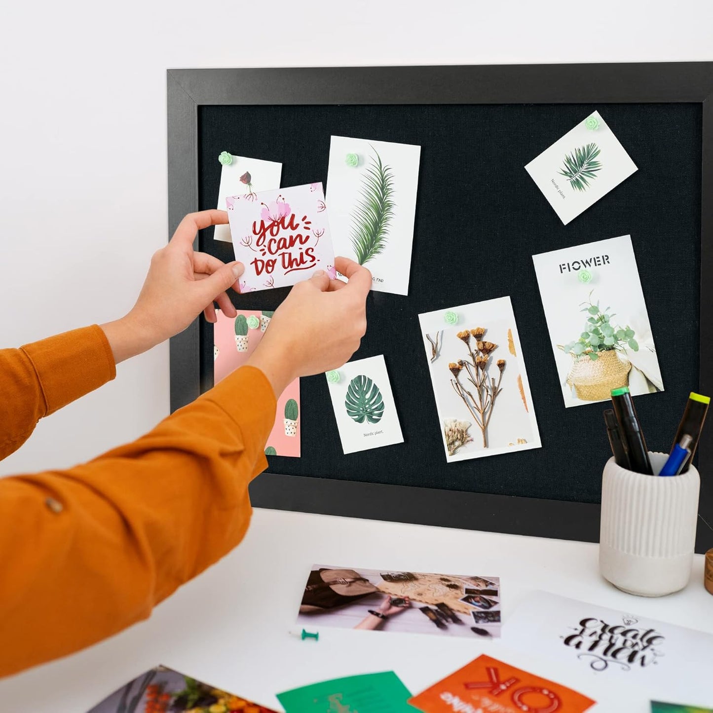 Board2by Black Cork Board Bulletin Board with Linen, Wood Framed 24" x 18" Corkboard, Office Board for Wall Decor, Wall Mounted Pin Board Picture Board with 20 Pushpins for School, Home & Office