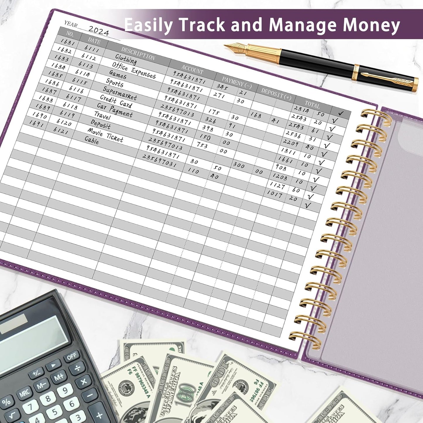HAUTOCO Hardcover Accounting Ledger Book for Small Business Bookkeeping Horizontal Money Expense Tracker Notebook with 2 Storage Pouch, Personal Columnar Log Journal 10.78 x 8'', Deep Purple