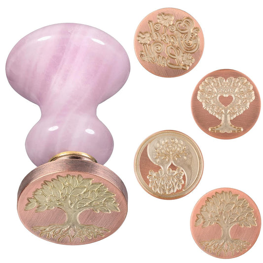 rockcloud Wax Seal Stamp Set, 4 Pieces Sealing Wax Stamps Copper Seals with 1 Rose Quartz Seal Handle for Cards Envelopes Invitation Decoration, Tree of Life