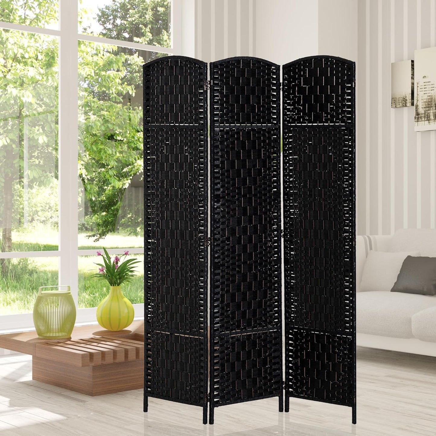 HOMCOM Room Divider, 3 Panel Folding Privacy Screen, 6FT Tall Portable Wicker Weave Partition Wall Divider for Bedroom, Home Office, Black