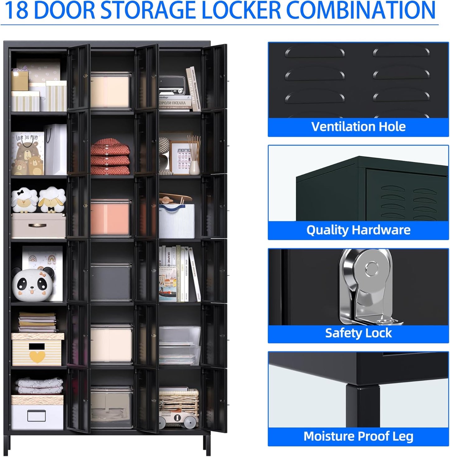 Metal Lockers for Employees with 18 Doors, Metal Locker with Lock for School Garage Office Gym Home,Assembly Required,Black