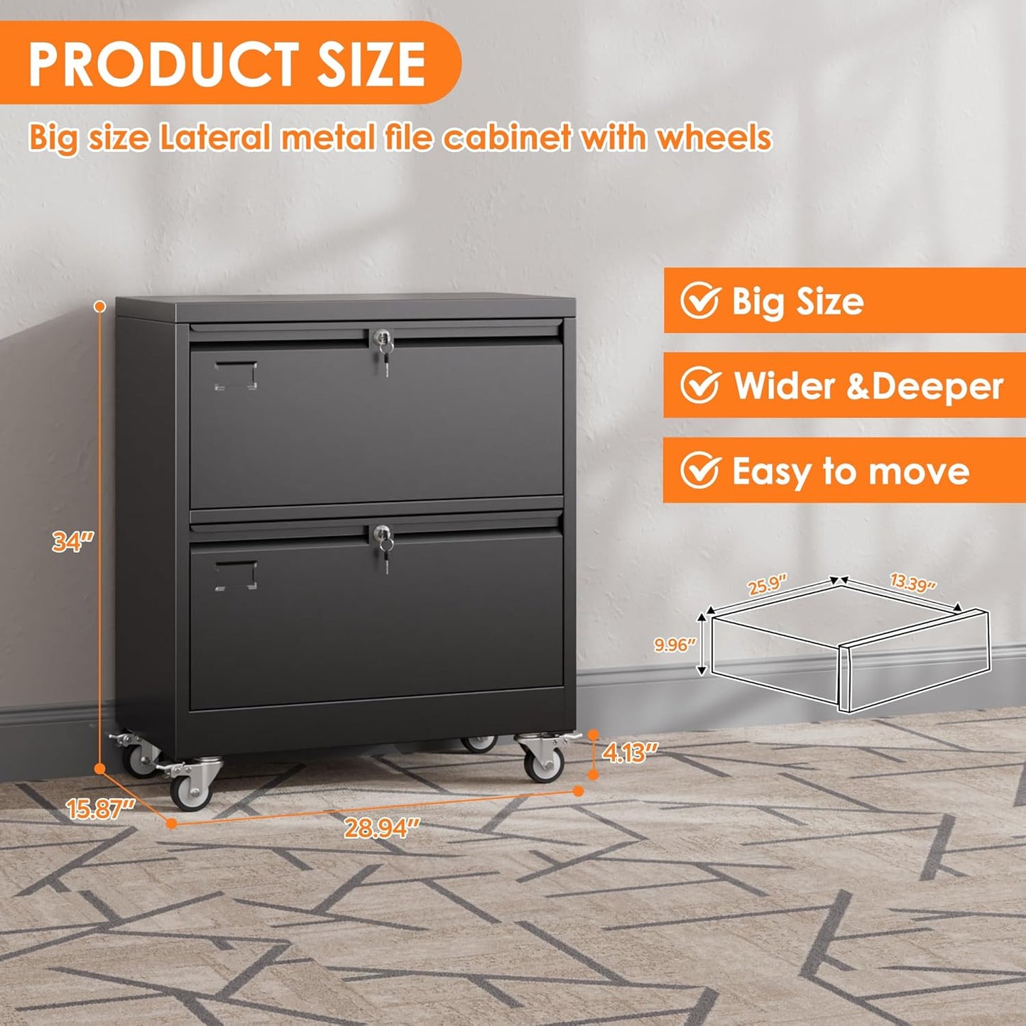 METAN Upgrade 2 Drawers Lateral File Cabinet on Wheels,Steel Office Filing Storage Cabinet with 2 Locks,Assembly Required,Black