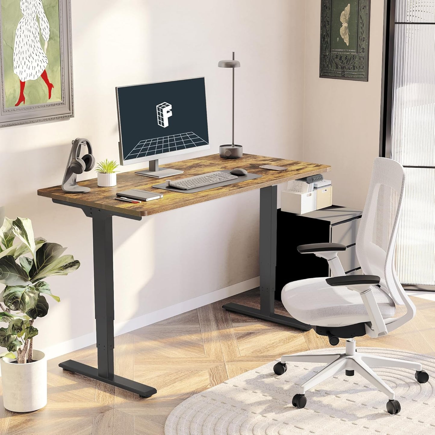 FLEXISPOT E6 Essential 3 Stages Dual Motor Electric Standing Desk 48x30 Inch Whole-Piece Board Height Adjustable Electric Sit Stand Desk(Black Frame + Special Walnut Top, 2 Packages)