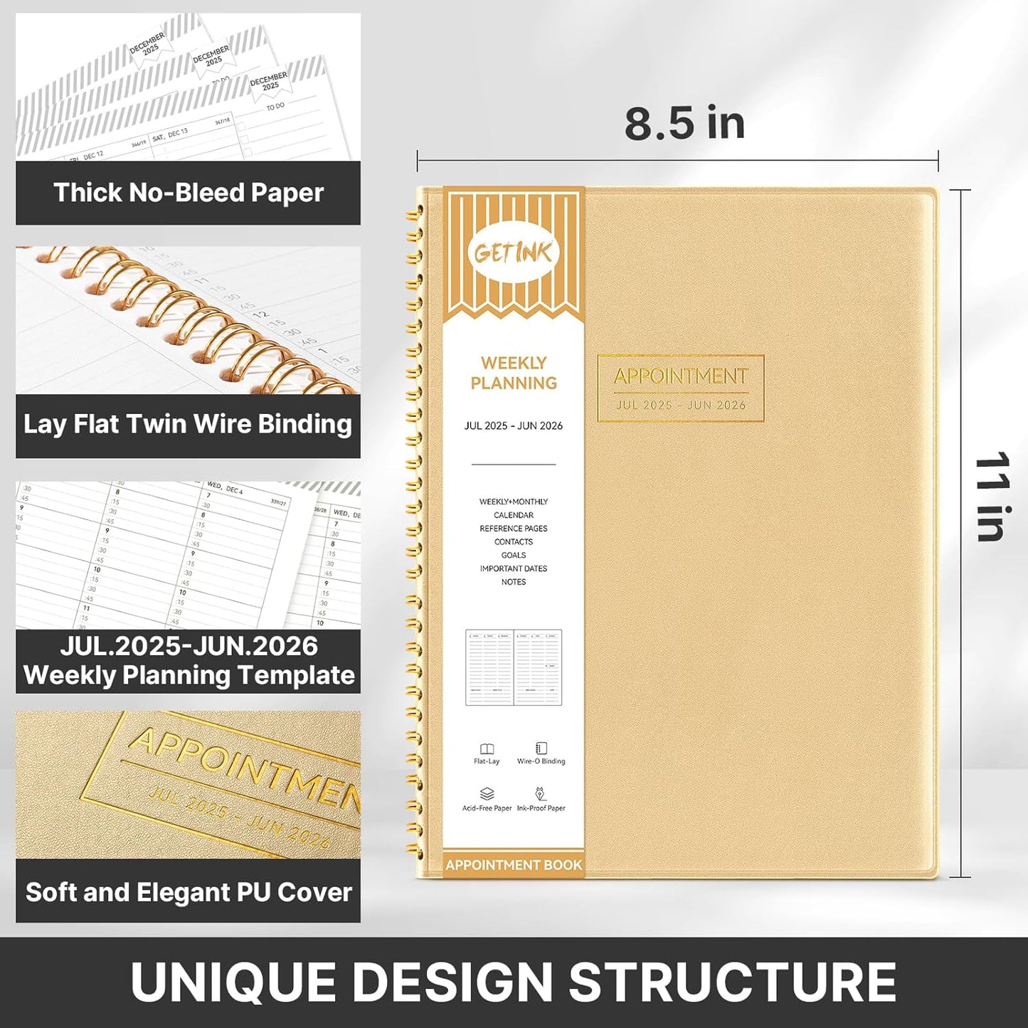 GETINK Appointment Book 2025-2026 Weekly Daily Hourly Planner 8.5"x11" Spiral Bound, Jul. 2025 - Jun. 2026, Laredule Appointment Planner 2025 with 15-Minute Increments, Flexible Cover, Gold