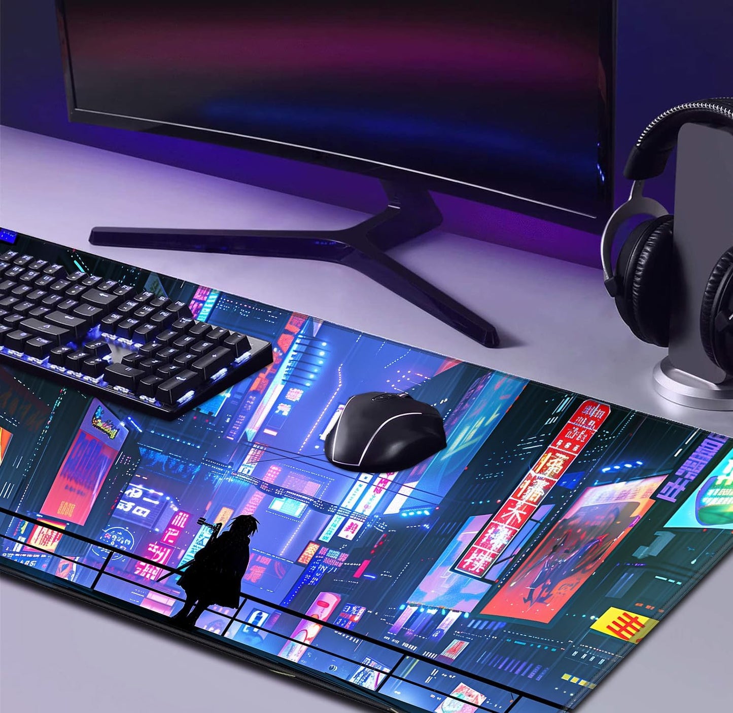 Tokyo Street Cute Large Gaming Mouse Pad, Purple Blue Anime City XXL, 35.4L x 15.7W inches, Fabric, Polyvinyl Chloride, Office Products