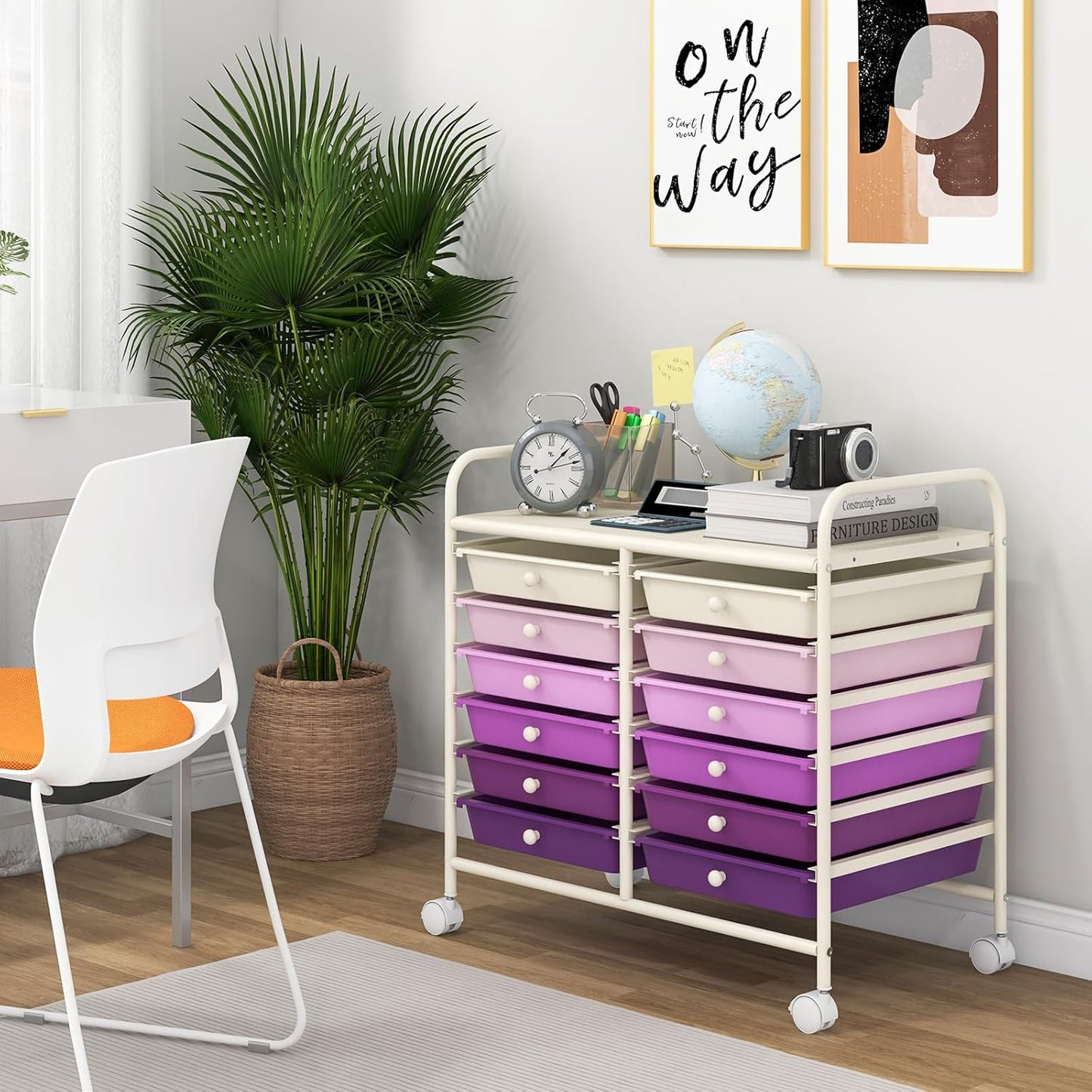 Giantex 12 Drawers Rolling Cart, Mobile Storage Drawer Cart, Classroom Organizer Cart for Office School Supplies Tools Scrapbook Paper Craft Small Printer, Utility Cart on Wheels, Purple Gradient