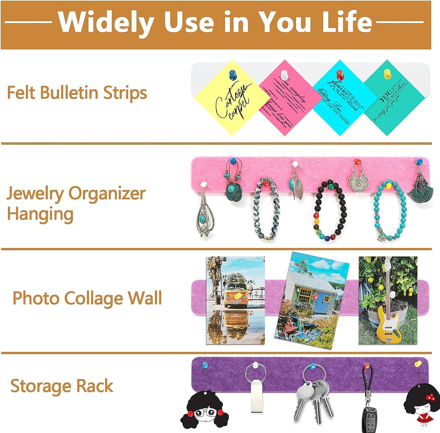 Felt Pin Board Bar Strips Bulletin Board for Bedrooms Offices Home Wall Decoration, Notice Board Self Adhesive Cork Board with 35 Push Pins for Paste Notes, Photos, Schedules (Multi- Purple)