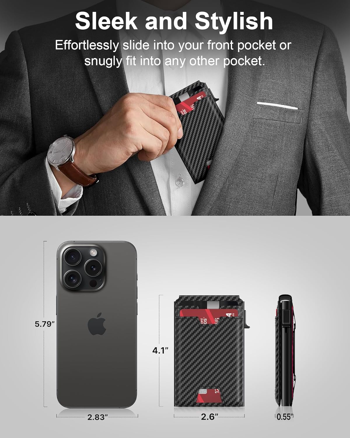 typecase Mens Wallet Card Holder: Pop Up Card Case, Genuine Leather, RFID Blocking, Smart, Slim, Minimalist, Thin - 13 Card Capacitiy, ID Window, Cash Strap (Carbon Fiber)