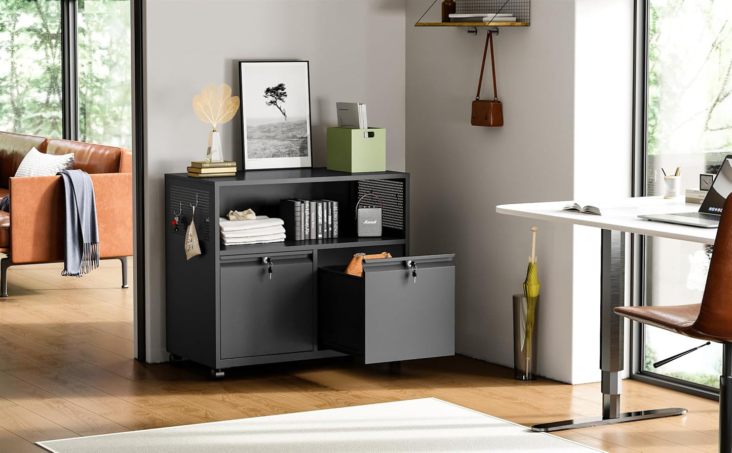 Metal File Cabinet,2 Drawer Filing Cabinet with Lock,Rolling Printer Stand Storage Cabinets with Shelves for Home Office Letter/Legal/A4 Size Files(Black)