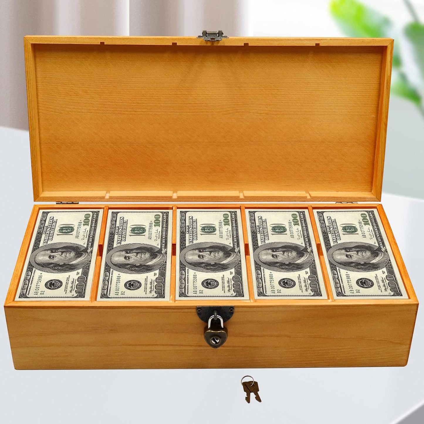 Bronze Wooden Lockable Currency Tray, 5 Compartment Cash Organizer, Cash Organizer Money Storage Box with Lockable Cover, Money Organizer for Cash