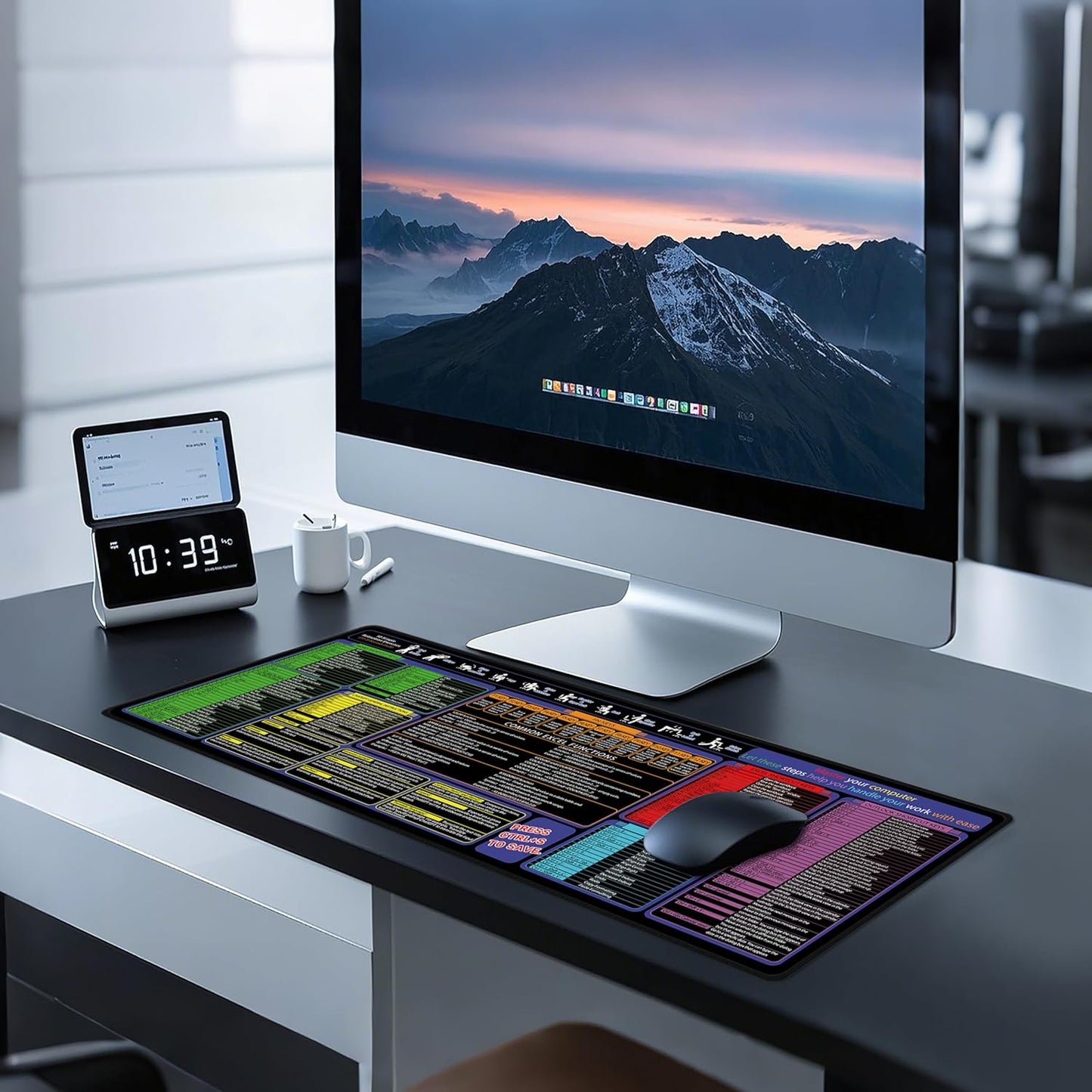 Mouse Pad with Excel, Word, Shortcuts – Excel Cheat Sheet Desk Pad – Portable Computer Mousepad – Gaming, Office, Waterproof, Non-Slip, Stitched Edges 31.5 x 11.8inches x 3mm