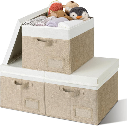 GRANNY SAYS Storage Bins with Lids, Storage Baskets for Linen Closet Shelves, Decorative Storage Boxes, Clothes Storage and Organization for Organizing, 3-Pack, Large, Khaki&Ivory